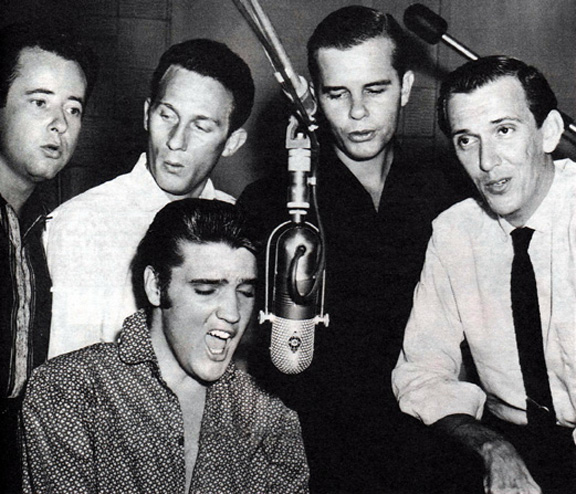 The Jordanaires (from left: Gordon Stoker, Hoyt Hawkins, Neil Matthews and Hugh Jarrett) in the studio with Elvis. (Country Music Hall of Fame/AP Photo)