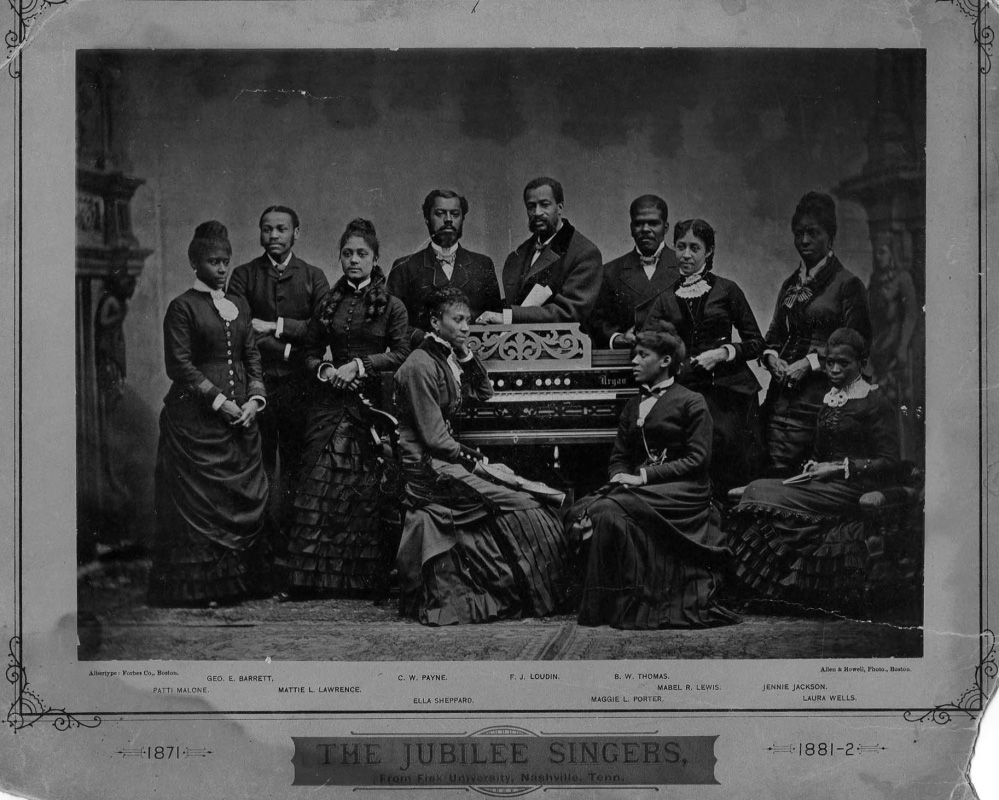 The Jubilee Singers: (from left) Patti Malone, George E. Barrett, Mattie L. Lawrence, C.W. Payne, Ella Shepard (pianist, seated), F.J. Loudin, Maggie L. Porter (seated), B.W. Thomas, Mabel R. Lewis. ‘They were on a noble mission. They sang to build up education in the blighted land in which they themselves and millions more had so long drearily plodded in ignorance; and it was a most striking and yet pleasing exhibition of poetic justice, when many of those who really, in a certain sense, had been parties to their enslavement, were forced to pay tribute to the signs of genius found in this native music, and to contribute money for the cause represented by these delightful musicians.’