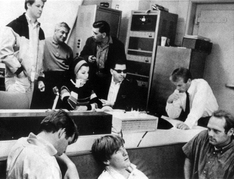 In the studio during the recording of the Monkey’s Uncle theme song. Clockwise from top left: Brian Wilson, Tutti Camarata, Annette Funicello, Robert Sherman, Richard Sherman, Al Jardine, Mike Love, Carl Wilson and Dennis Wilson. (Photo: Disney)