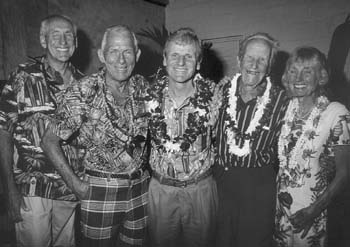 Some of the veteran surfers featured in Surfing for Life: (from left) Peter Cole, John Kelly, Fred Van Dyke, Woody Brown and Eve Fleter. (Photograph: David L. Brown Productions)