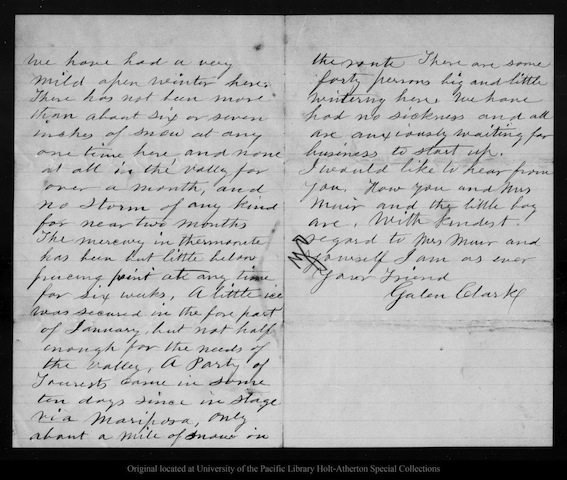 A letter from Galen Clark to John Muir