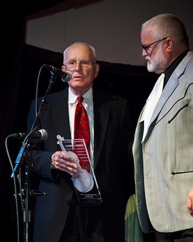 Herman Johnson (left) at his 2012 National Fiddler Hall of Fame induction: ‘…when it came to smooth, clean fiddle playing with flawless technique, perfect intonation and rhythmic feel and, most importantly, some gorgeous renditions he composed of traditional breakdowns, waltzes and rags, there was no one better than Herman Johnson in a fiddle contest,’ says Mark O’Connor.