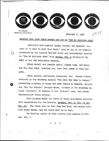 The CBS press release announcing the Beatles’ forthcoming appearances on The Ed Sullivan Show