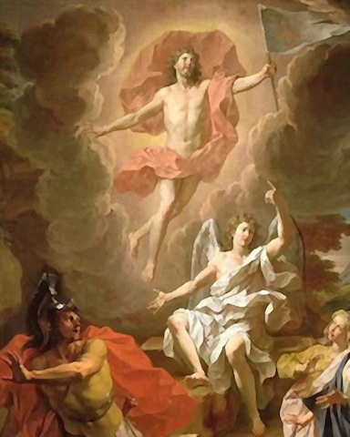 'Anastasis' is the Greek word for ‘resurrection.’ Depictions of anastasis don't reference the biblical story of Christ's resurrection, but are inspired by the Gospel of Nicodemus (also called ‘Acts of Pilate’), an apocryphal text. These scenes show a triumphant, victorious Christ who has broken the Gates of Hell in order to rescue his Hebrew forbearers. Probably the best known anastasis painting is this one. Here, Christ is shown rescuing Adam and Eve from their tombs. Other patriarchs, prophets, and kings wait on the sidelines--perhaps waiting their turn to be rescued by Christ.