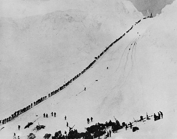 An image of miners climbing the Chilkoot Pass during the Klondike gold rush, 1898, similar to the 1896 image Chaplin saw that inspired the idea for The Gold Rush