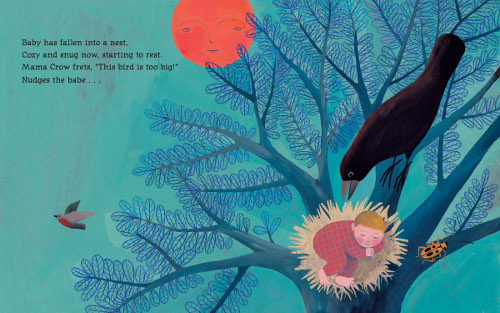 ‘Baby has fallen into a nest,/Cozy and snug now, starting to rest./Mama Crow frets, ‘This bird is too big!’/Nudges the babe …’ (Click to enlarge spread)