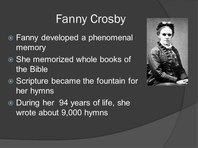 Waxing the Gospel: Mass Evangelism and the Phonograph, 1890-1900 includes the first and only recording made by blind hymn-writer Fanny Crosby, the woman responsible for approximately one-fifth of all American hymn texts of the 19th century.