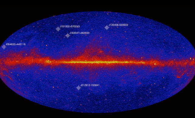 NASA's Fermi Gamma-ray Space Telescope has detected the five most distant gamma-ray blazars ever (their locations are seen here in a NASA video still). The light from the blazars dates back to when the universe was between 1.9 and 1.4 billion years old. Credit: NASA’s Goddard Space Flight Center/Scott Wiessinger