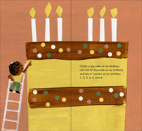 ‘I’d like a big cake on my birthday/with lots of chocolate on my birthday/and lots of candles on my birthday/1, 2, 3, 4, 5, and 6!’ (Click to enlarge spread) 