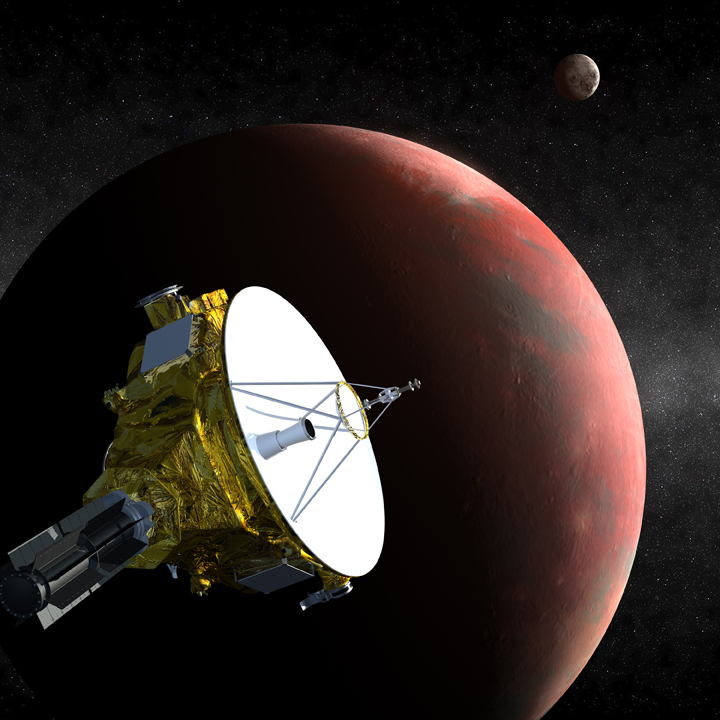 Artist’s concept of the New Horizons spacecraft as it approaches Pluto and its largest moon, Charon, in July 2015. The craft's miniature cameras, radio science experiment, ultraviolet and infrared spectrometers and space plasma experiments will characterize the global geology and geomorphology of Pluto and Charon, map their surface compositions and temperatures, and examine Pluto's atmosphere in detail. The spacecraft's most prominent design feature is a nearly 7-foot (2.1-meter) dish antenna, through which it will communicate with Earth from as far as 4.7 billion miles (7.5 billion kilometers) away. Credit: Johns Hopkins University Applied Physics Laboratory/Southwest Research Institute (JHUAPL/SwRI)