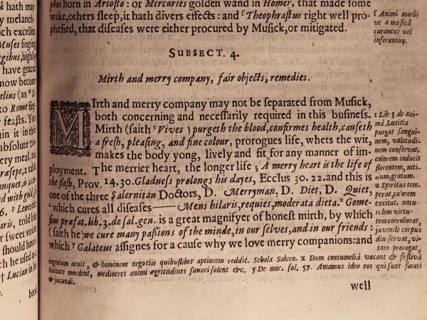 ‘Mirth and merry company may not be separated from Musik, both concerning and necessarily required in this business.’: from the original text of Burton’s Anatomy of Melancholy