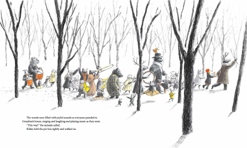 “The woods were filled with joyful sounds as everyone paraded to Grandma’s house, singing and laughing and playing music as they went. ‘This way!’ the animals called. Kikko held the pie box tightly and walked on.” (Click to enlarge spread)