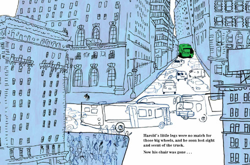 'Harold’s little legs were no match for those big wheels, and he soon lost sight and scent of the truck. Now his chair was gone …' (Click to enlarge spread)