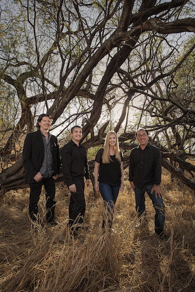 Pacific Harp Project: (from left) Jon Hawes, Alan Ward, Megan Bledsoe Ward, Noel Okimoto--striking a delicate balance between soothing and challenging...